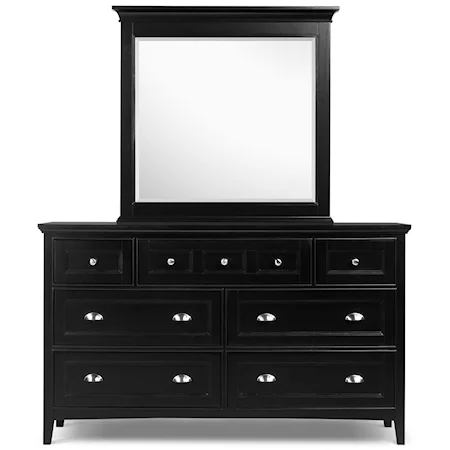 Double Dresser With 7 Drawers and Beveled Landscape Mirror